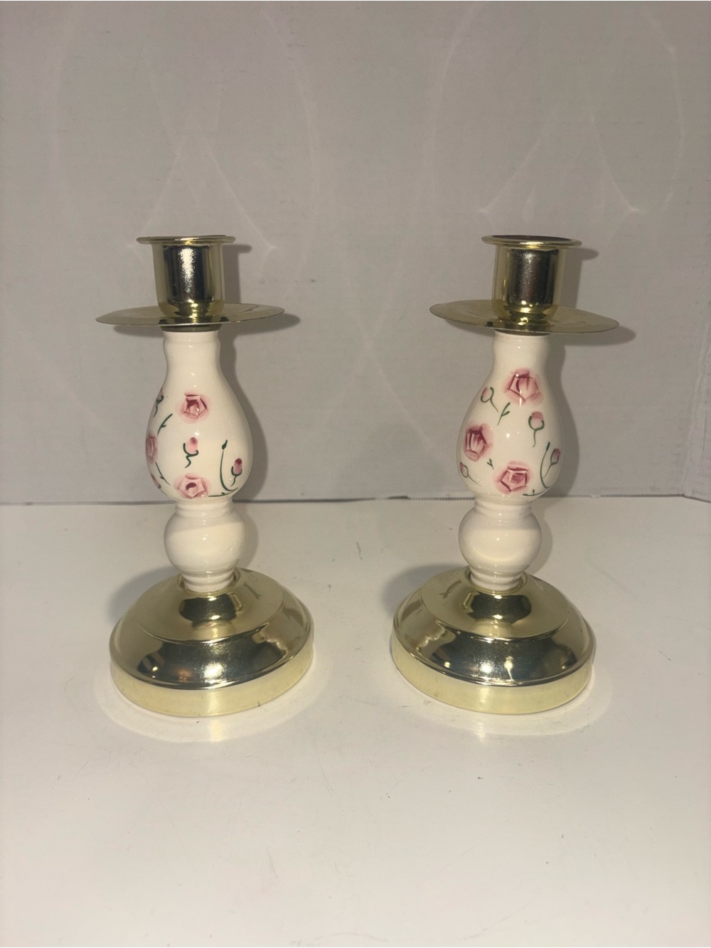 Homco White Porcelain Candlestick Pair with Pink Rose Motif and Brass Accents